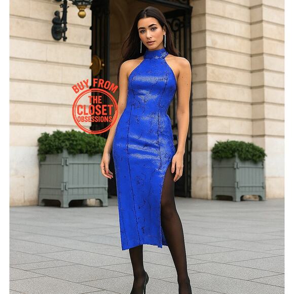 💙 ZARA Sequin Halter Midi Dress NWT | Blue Slit Fitted Blogger Fave L - Picture 3 of 16